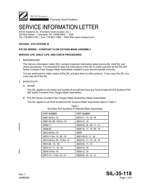 SERVICE INFORMATION LETTER - AVOX Systems, Inc.