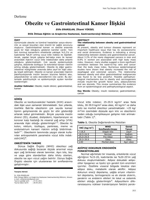 Obezite ve Gastrointestinal Kanser İlişkisi - Yeni Tıp Dergisi