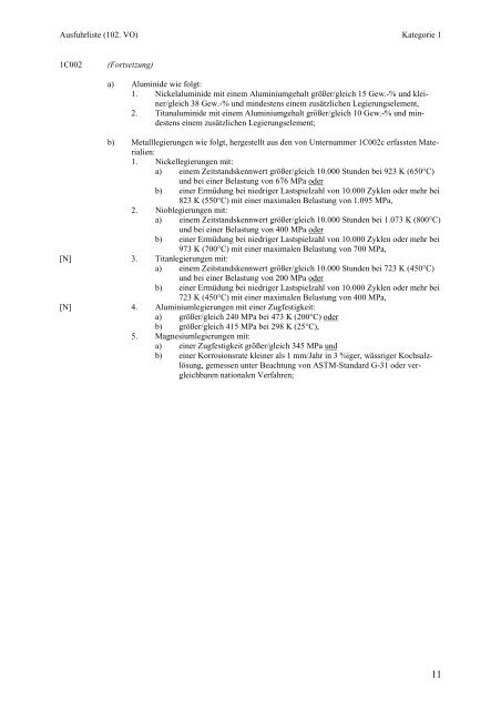 Ausfuhrliste, Teil 1 C, Kategorie 1 - VERTIC