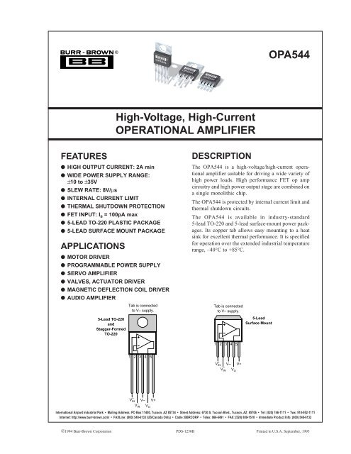 High-Voltage, High-Current OPERATIONAL AMPLIFIER OPA544