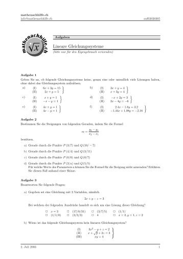 Lineare Gleichungssysteme (3x3, Aufgaben 3-7) - Mathenachhilfe.ch