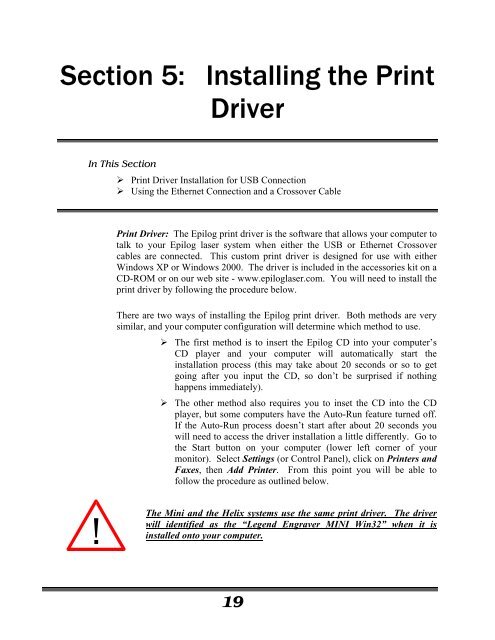 Section 5: Installing the Print Driver - Epilog Laser