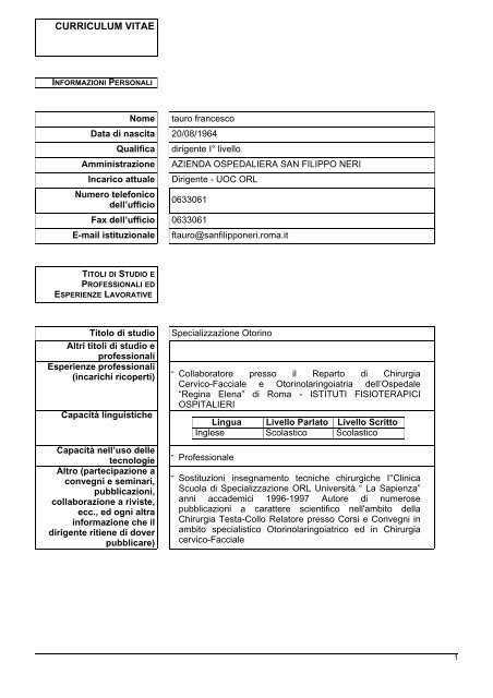 curriculum vitae - Azienda Complesso Ospedaliero San Filippo Neri