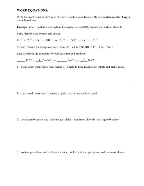 word equations - balancing worksheet - Avon Chemistry