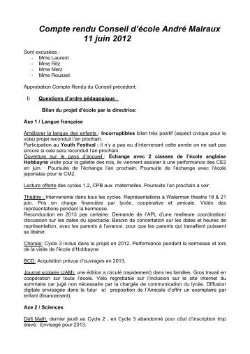 Compte rendu Conseil d'Ã©cole AndrÃ© Malraux 11 juin 2012