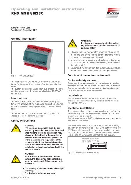 Operating and installation instructions KNX MSE 8M230 - Warema