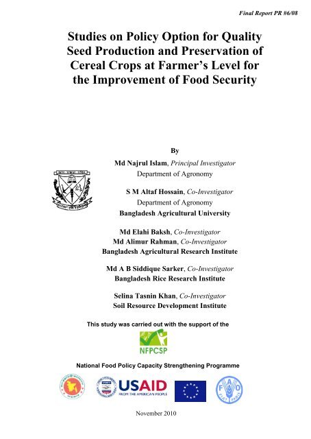 Studies on Policy Option for Quality Seed Production and ... - NFPCSP