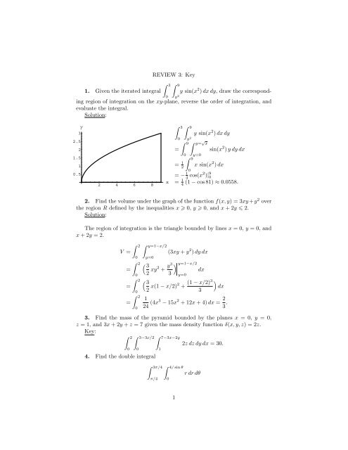 Review 3 Key 1 Given The Iterated Integral Aˆ 3 Aˆ 9 Y Sin