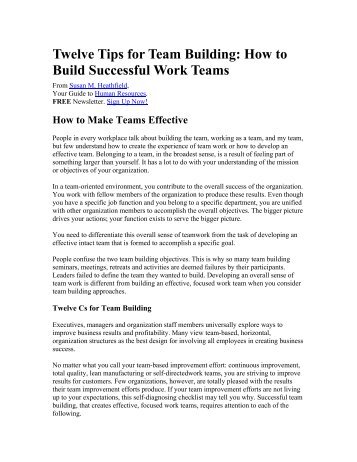 Twelve Tips for Team Building: How to Build Successful Work Teams