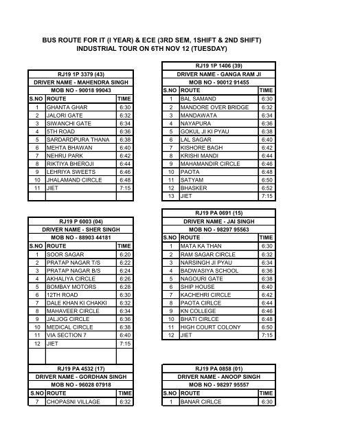 BUS ROUTE FOR IT (I YEAR) & ECE (3RD SEM, 1SHIFT ... - JIET