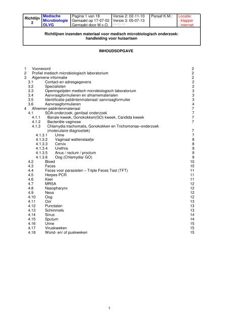 Richtlijnen materiaal voor Medische Microbiologisch onderzoek - Olvg