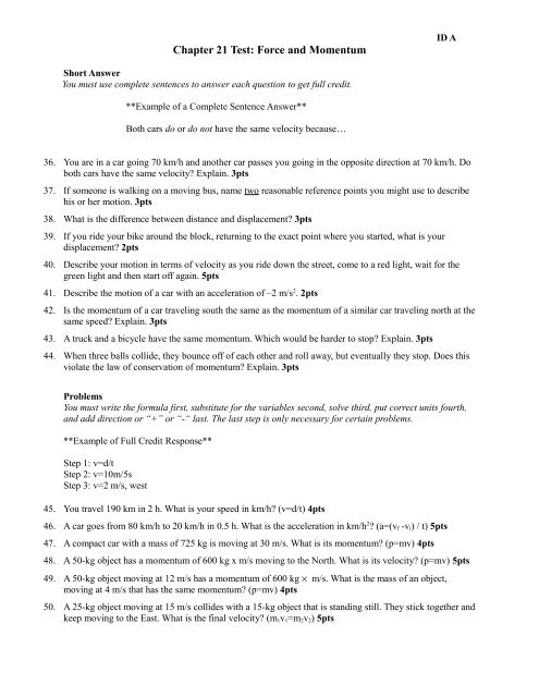 Chapter 21 Test: Force and Momentum