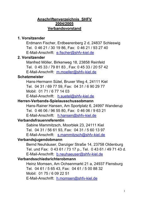 Anschriftenverzeichnis SHFV - Schleswig-Holsteinischer ...