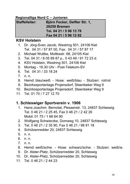 Anschriftenverzeichnis SHFV - Schleswig-Holsteinischer ...