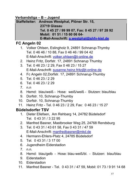 Anschriftenverzeichnis SHFV - Schleswig-Holsteinischer ...