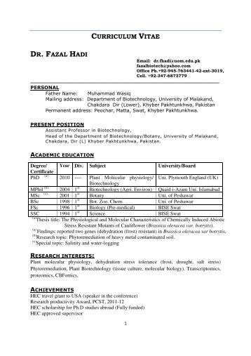 CURRICULUM VITAE DR. FAZAL HADI - University of Malakand