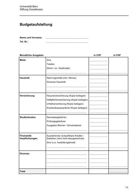 Budgetaufstellung (pdf, 19KB) - Generalsekretariat - UniversitÃ¤t Bern