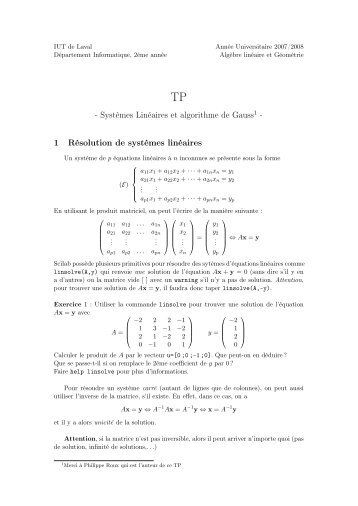 - SystÃ¨mes LinÃ©aires et algorithme de Gauss1 - 1 RÃ©solution de ...