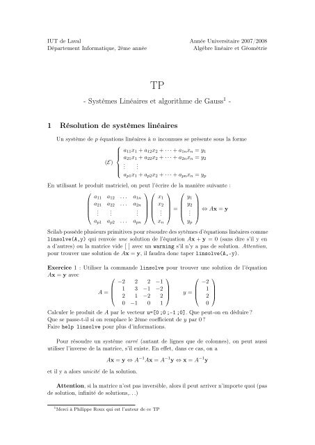 SystÃ¨mes LinÃ©aires et algorithme de Gauss1 - 1 RÃ©solution de ...