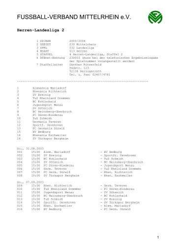 Spielplan Herren-Landesliga, Staffel 2 - Sportfreunde Uevekoven