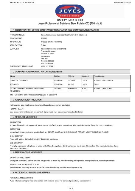 SAFETY DATA SHEET Jeyes Professional Stainless Steel ... - Arco