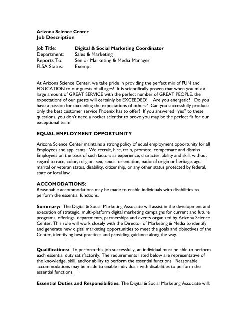 Job Description Job Title: Department: Sales & Marketing Reports To