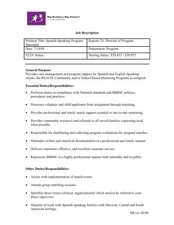 HR rev 02/06 Job Description Position Title: Spanish Speaking ...