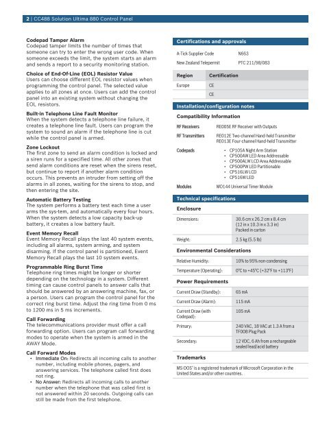 CC488 Solution Ultima 880 Control Panel - SourceSecurity.com