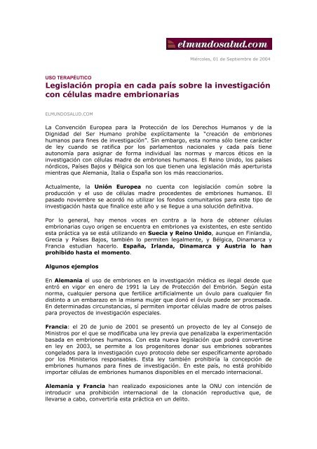 LegislaciÃ³n propia en cada paÃ­s sobre la investigaciÃ³n con cÃ©lulas ...