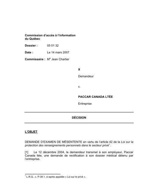 X c. PACCAR LtÃ©e - Commission d'accÃ¨s Ã  l'information du QuÃ©bec