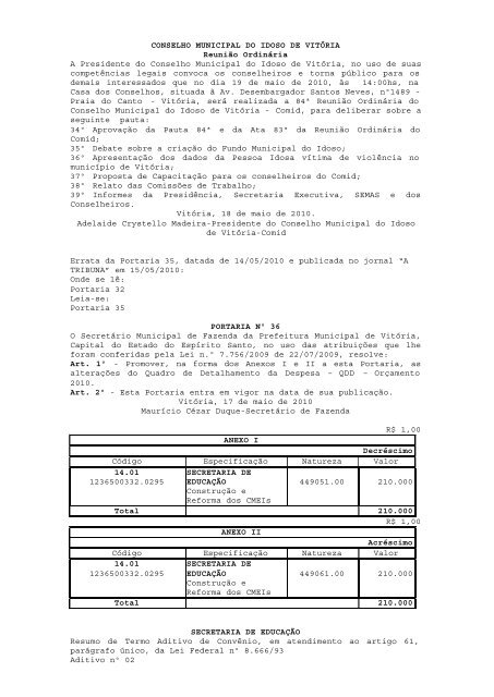 Atos Oficiais publicados em 18/05/2010 - Prefeitura de VitÃ³ria
