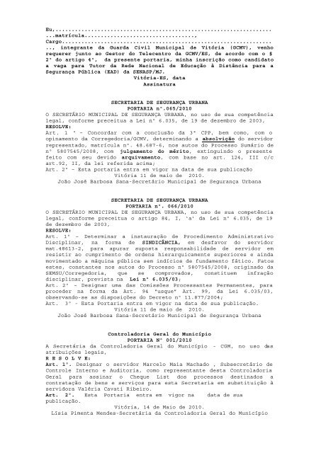 Atos Oficiais publicados em 18/05/2010 - Prefeitura de VitÃ³ria