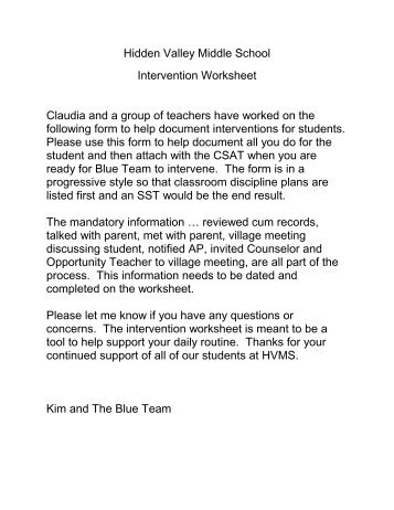 Hidden Valley Middle School Intervention Worksheet ... - EUSD