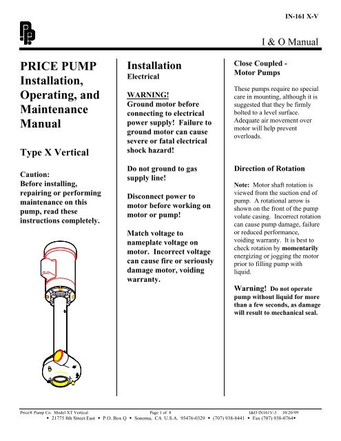 PRICE PUMP Installation, Operating, and Maintenance Manual