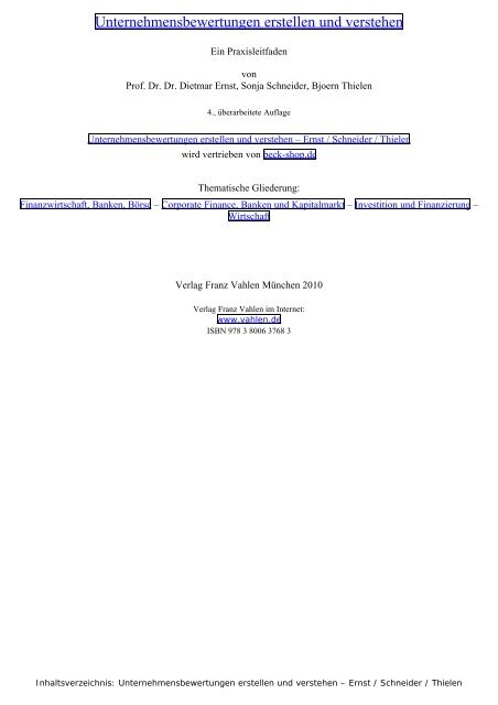 Unternehmensbewertungen erstellen und verstehen - Ernst - Vahlen