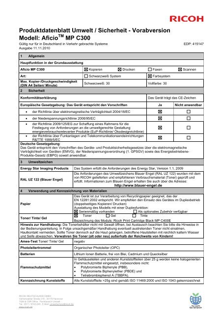 Umweltdatenblatt MP C300 - Ricoh