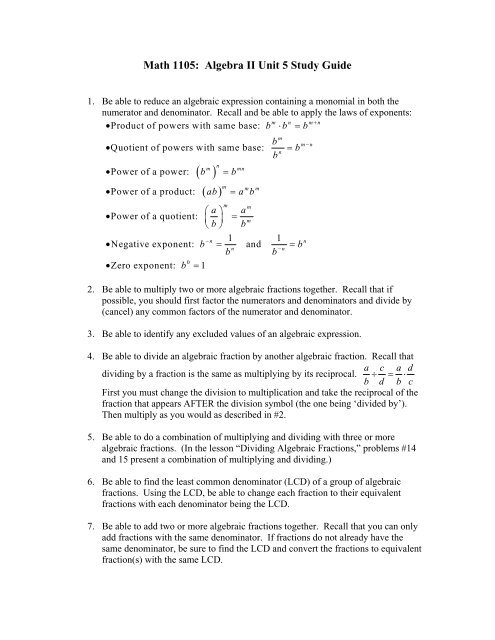 Math 1105: Algebra II Unit 5 Study Guide