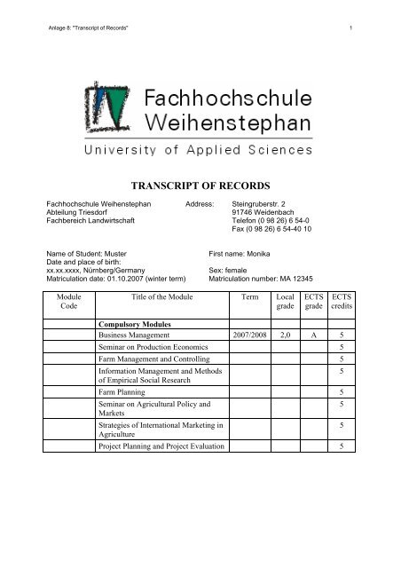 TRANSCRIPT OF RECORDS - Triesdorf Consult