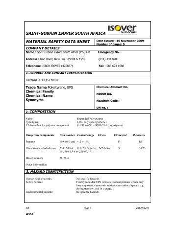 saint-gobain isover south africa material safety data sheet