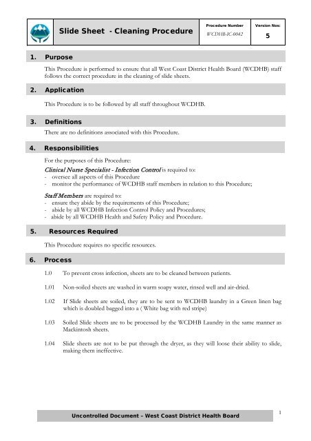 Slide Sheet Cleaning Procedure - West Coast District Health Board