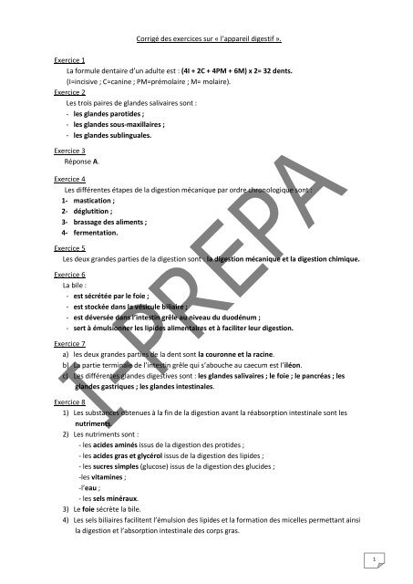 CorrigÃ© des exercices sur Â« l'appareil digestif  - Poly-Prepas