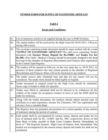TENDER FORM FOR SUPPLY OF STATIONERY ARTICLES PART-I ...