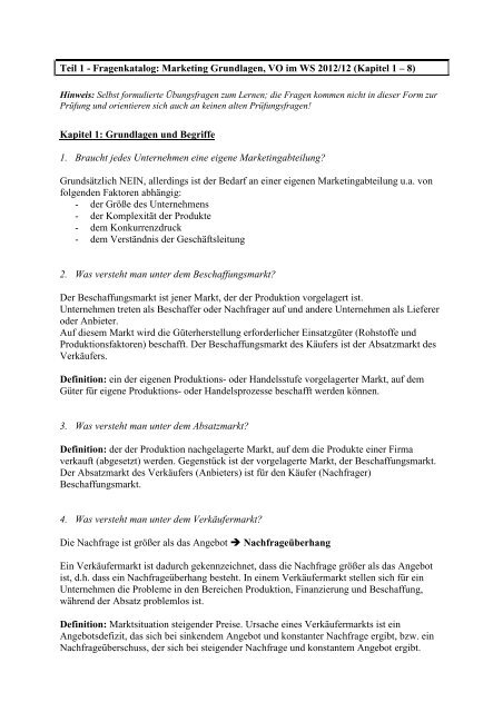 Marketing Grundlagen, VO im WS 2012/12 (Kapitel 1 â 8) - VoWi