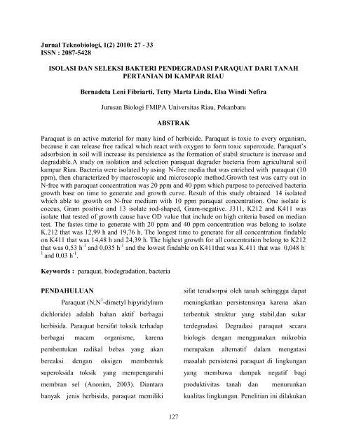 Jurnal Teknobiologi, 1(2) 2010: 1 - perpustakaan universitas riau