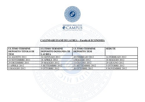 Calendario delle sedute di laurea 2012 - eCampus