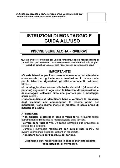 ISTRUZIONI DI MONTAGGIO E GUIDA ALL'USO