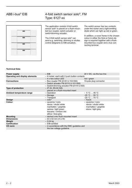 ABB i-busÂ® EIB 4-fold switch sensor soloÂ®, FM Type: 6127-xx