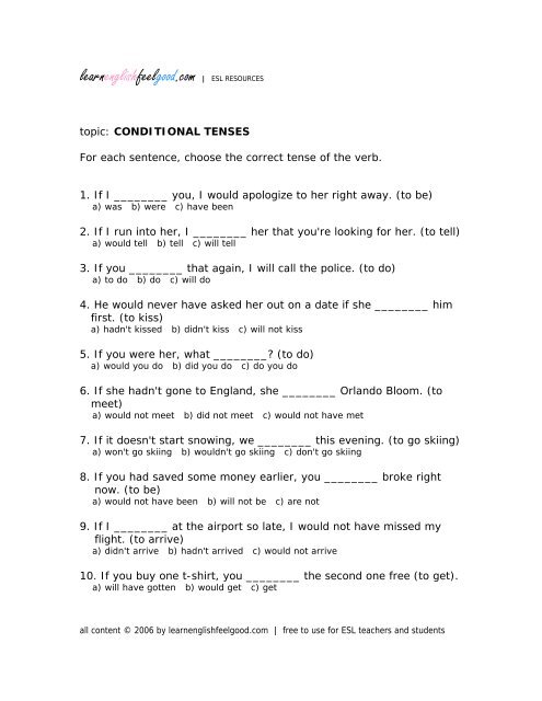 CONDITIONAL TENSES For each sentence, choose the correct ...