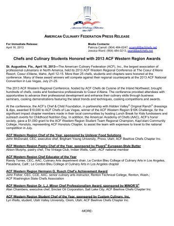 Chefs and Culinary Students Honored with 2013 ACF Western ...