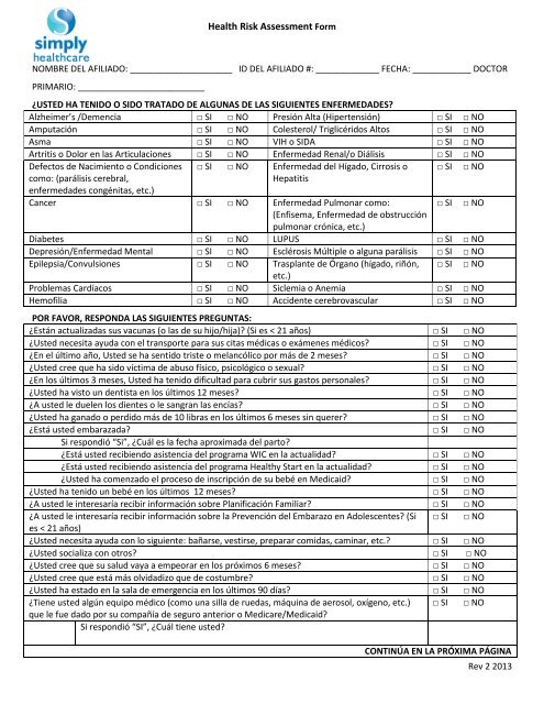 Health Risk Assessment Form - Simply Healthcare Plans